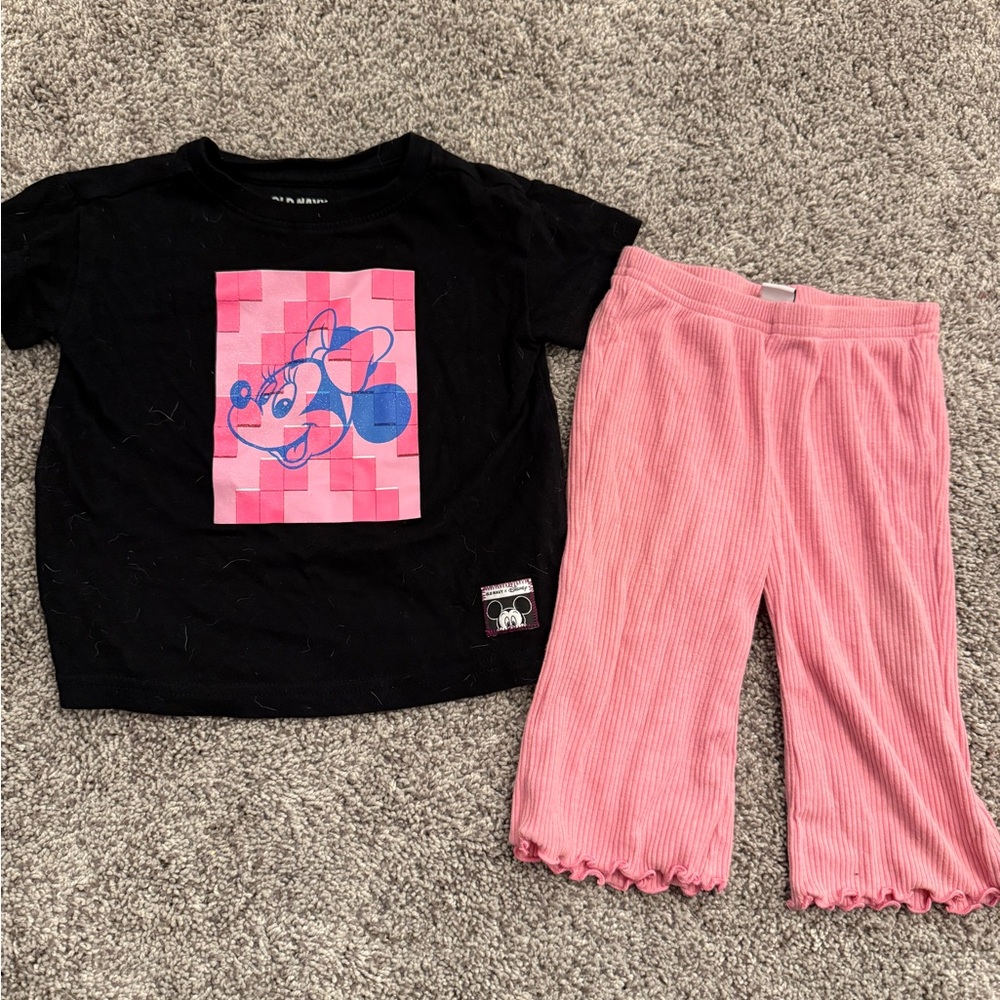 Disney Black Tee with Pink Graphic and Pink Ribbed Pajama Pants